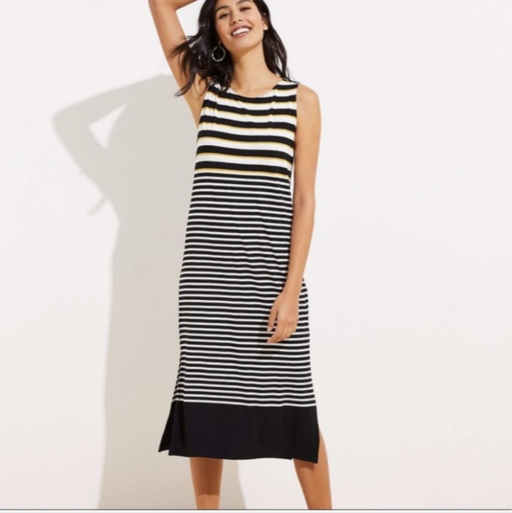 LOFT Black, White, And Gold Stretchy Summer Beach Vacation Cruise Maxi Dress